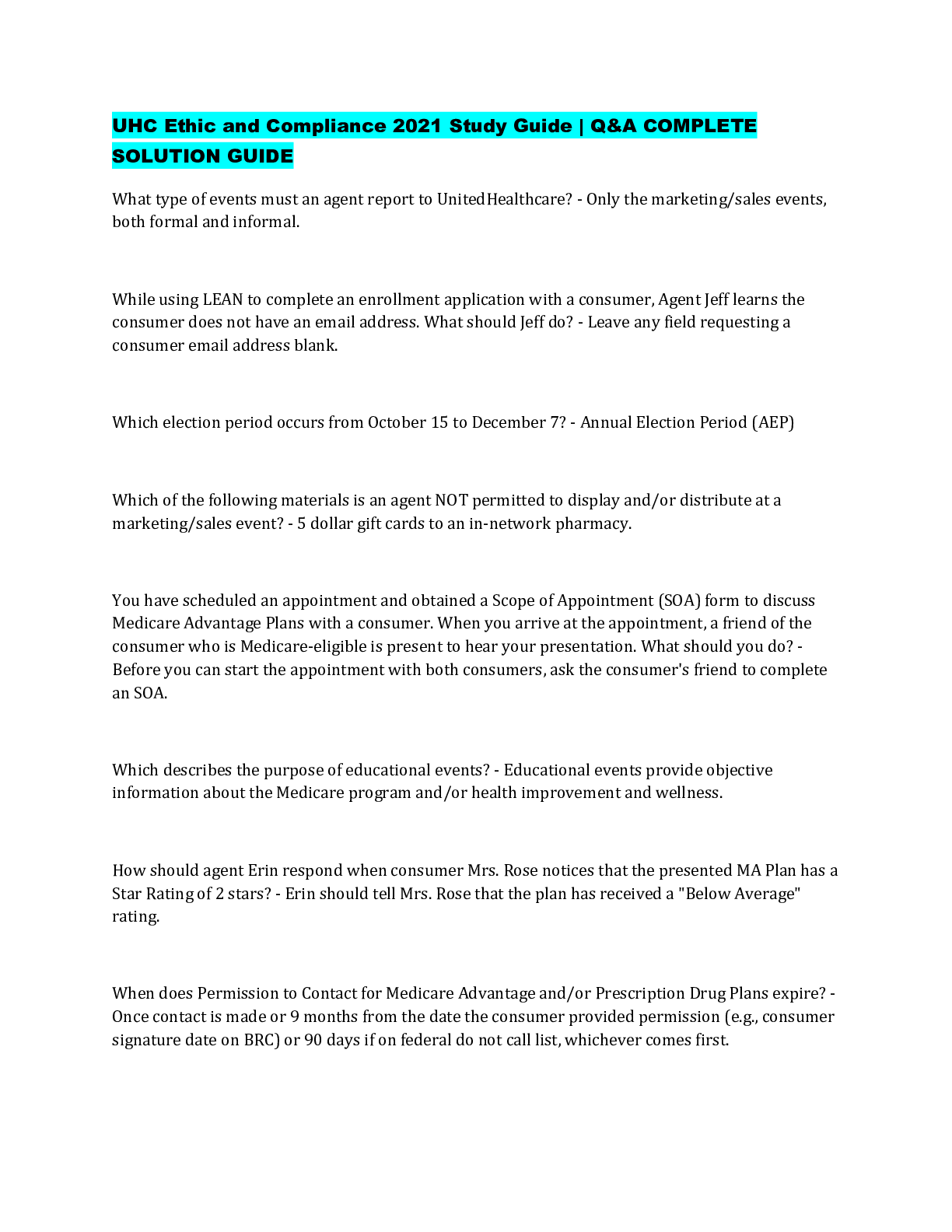 Preview image for UHC Ethic and Compliance 2021 Study Guide | Q&A COMPLETE  SOLUTION GUIDE